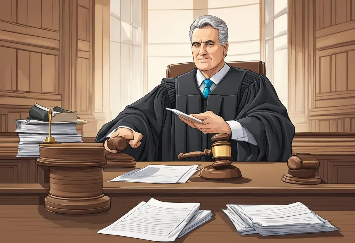 A judge in a courtroom, holding a gavel, with a stack of papers and a scale of justice on the desk